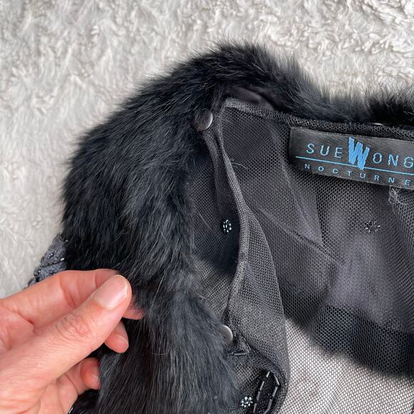 Sue Wong fur collar beaded embroidered sheer jacket duster coat cocktail floral - Picture 7 of 15